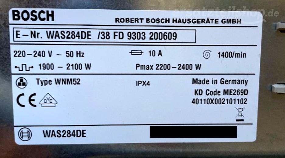 Typenschild Bosch WAS284DE/38