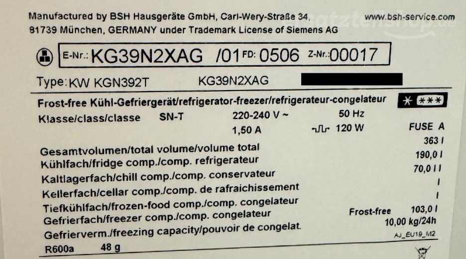 Typenschild Siemens KG39N2XAG/01