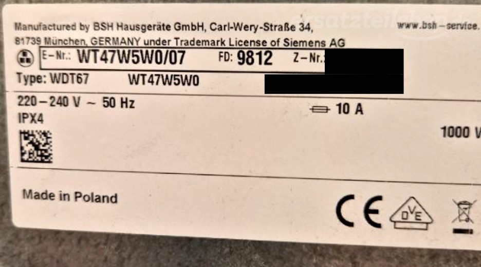 Typenschild Siemens WT47W5W0/07