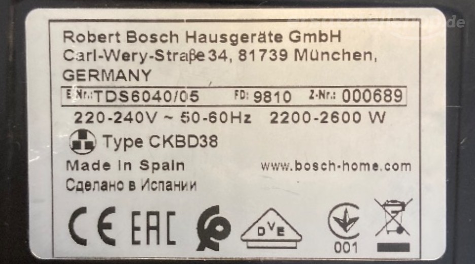 Typenschild Bosch TDS6040/05