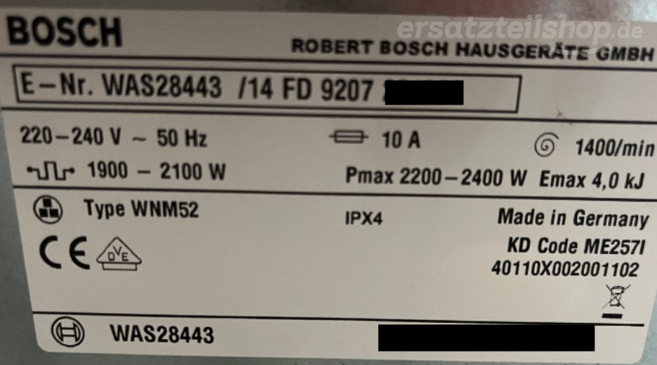 Typenschild Bosch WAS28443/14