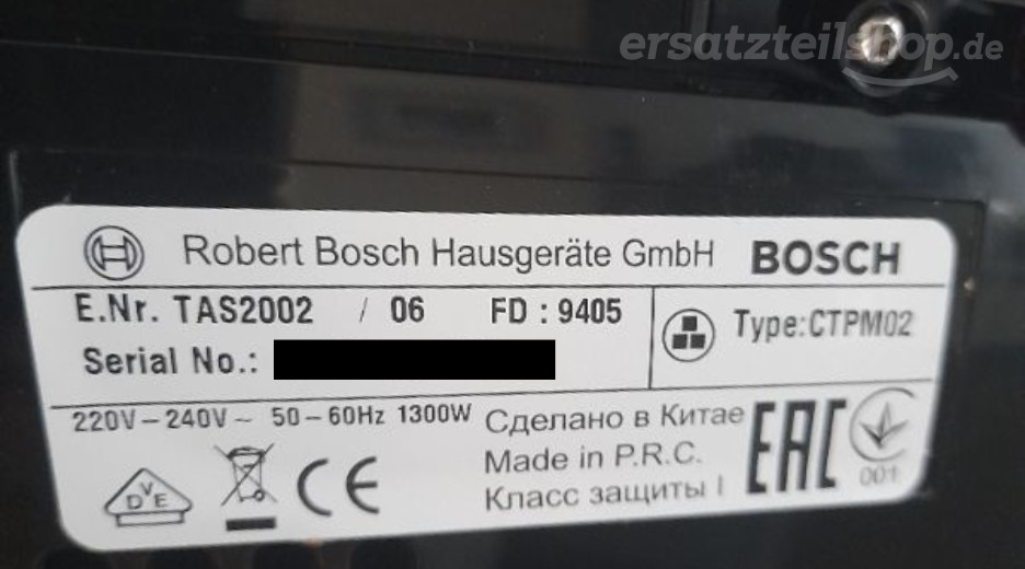 Typenschild Bosch TAS2002/06