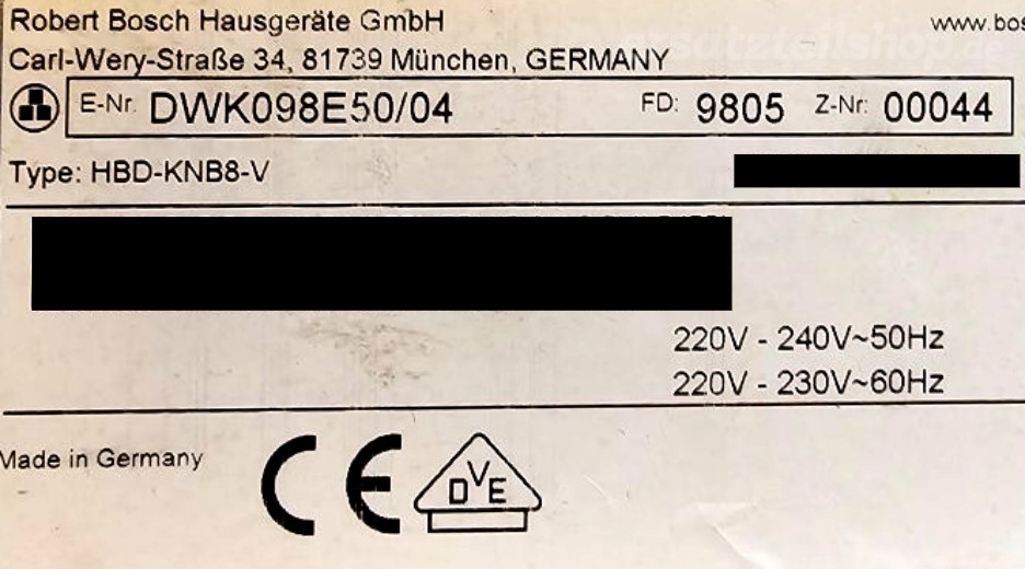 Typenschild Bosch DWK098E50/04