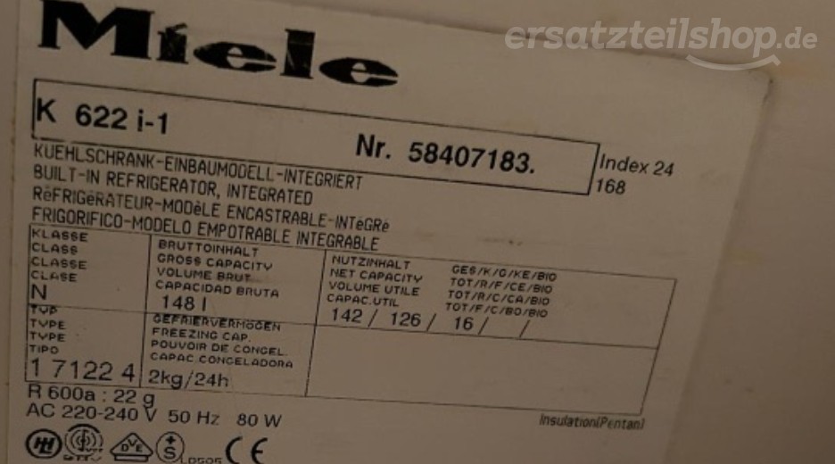 Typenschild Miele K 622 i-1 K622I-1
