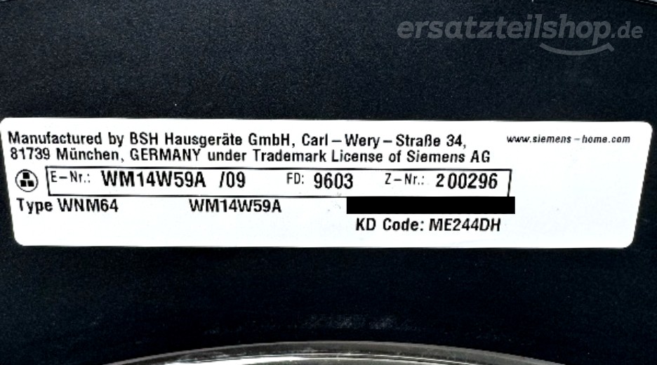 Typenschild Siemens WM14W59A/09