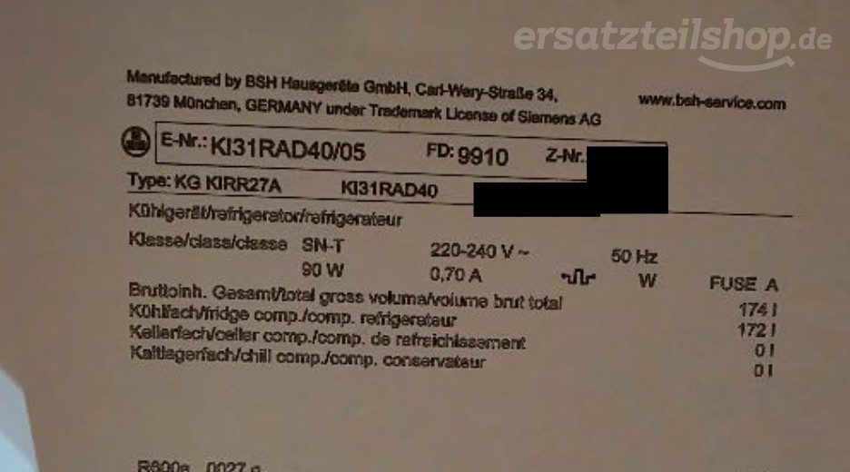 Typenschild Siemens KI31RAD40/05