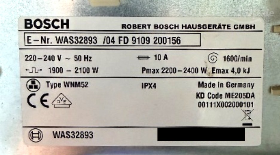 Typenschild Bosch WAS32893/04