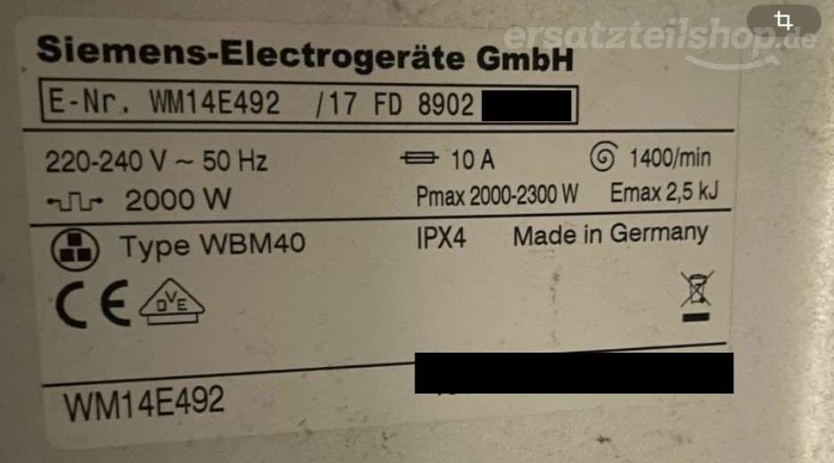 Typenschild Siemens WM14E492/17