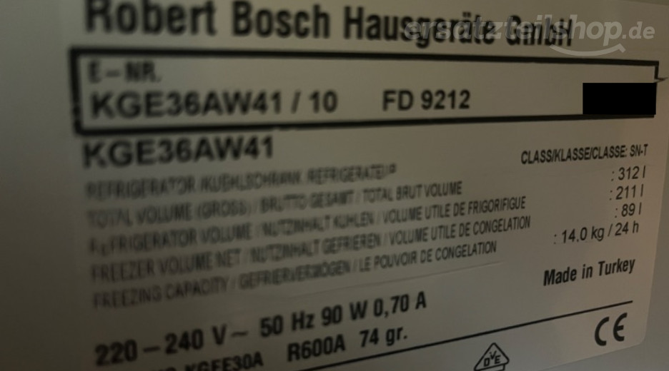 Typenschild Bosch KGE36AW41/10