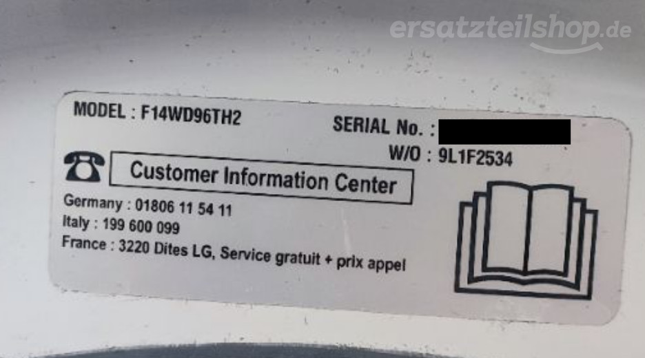 Typenschild LG F14WD96TH2.ABWQEDG F14WD96TH2.ABWQEDG