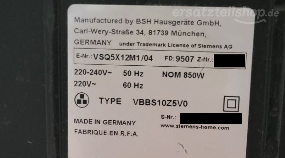 Typenschild Siemens VSQ5X12M1/04