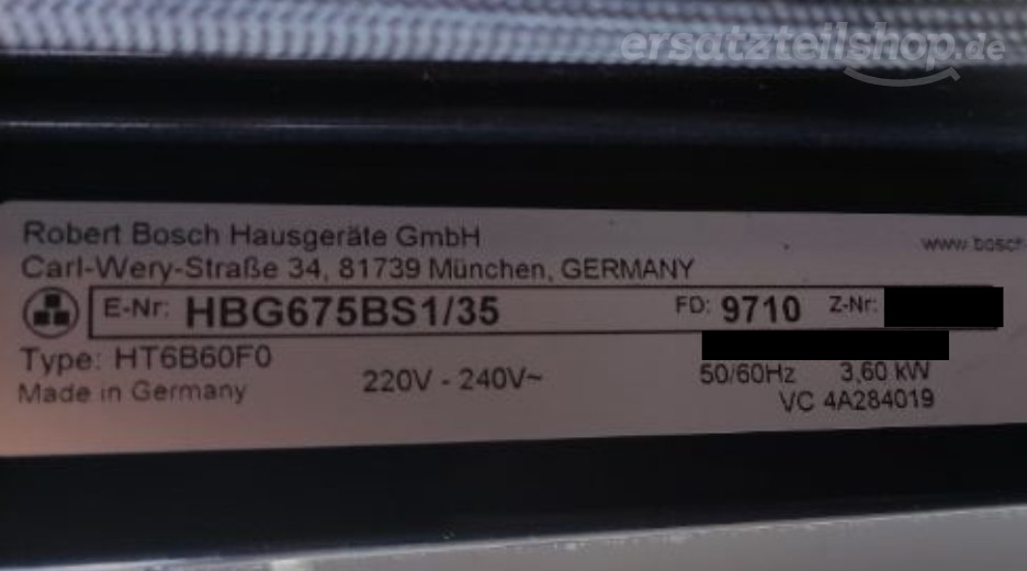 Typenschild Bosch HBG675BS1/35