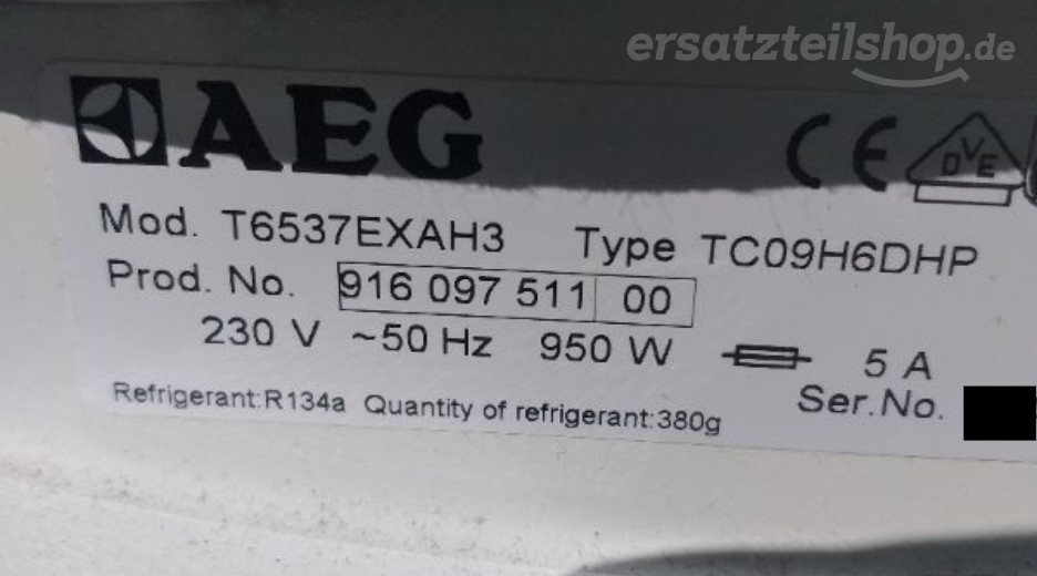 Typenschild AEG T6537EXAH3 91609751100