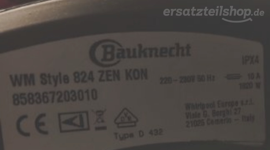 Typenschild Bauknecht WM Style 824 ZEN KON 858367203010