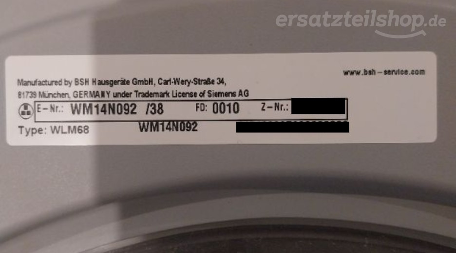 Typenschild Siemens WM14N092/38