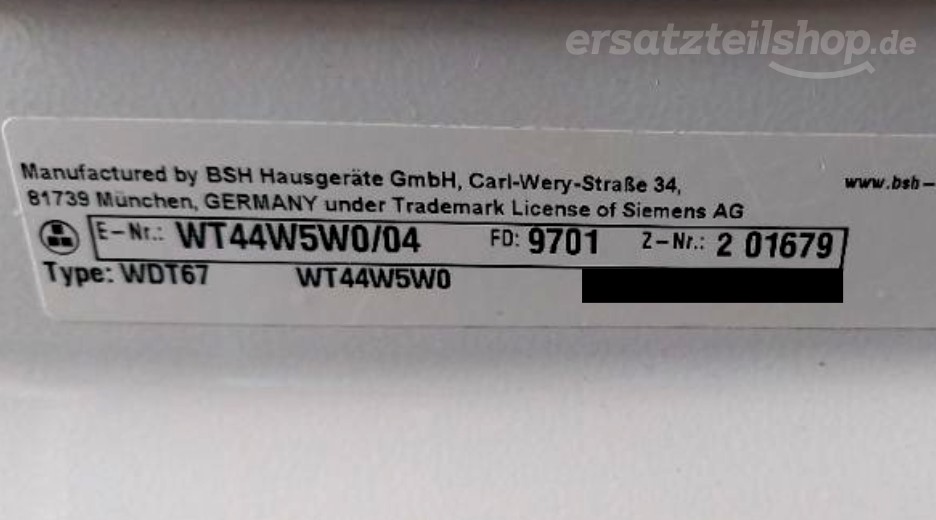 Typenschild Siemens WT44W5W0/04