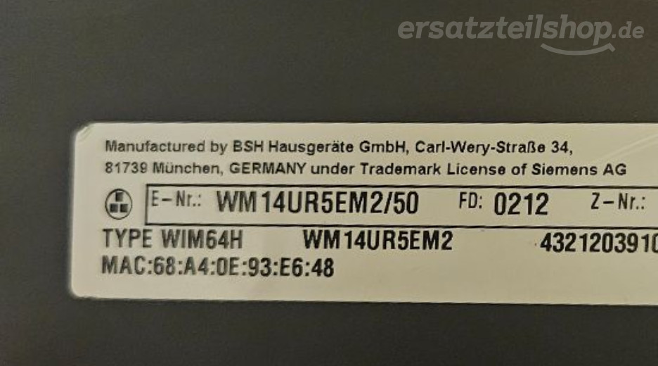 Typenschild Siemens WM14UR5EM2/50