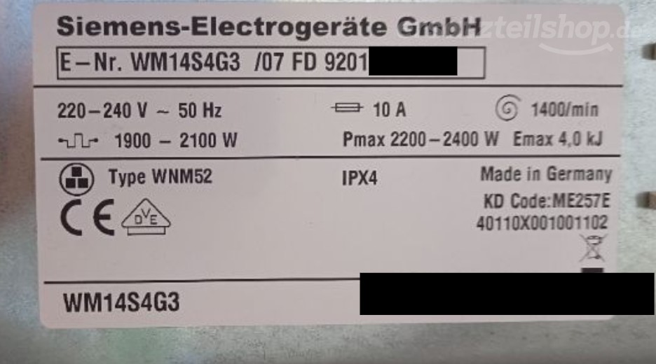 Typenschild Siemens WM14S4G3/07