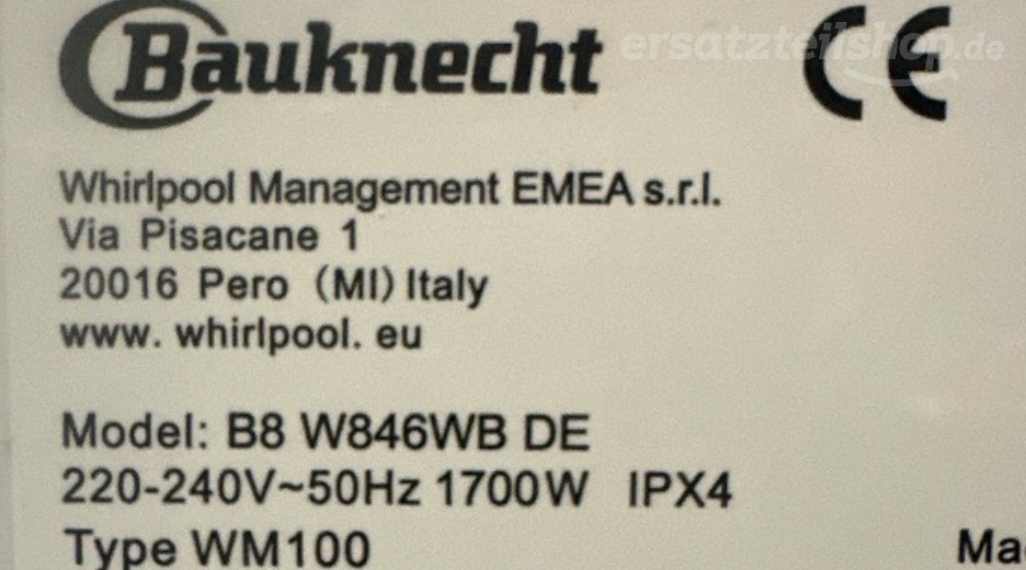 Typenschild Bauknecht B8W846WBDE 859991624590