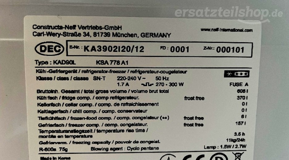 Typenschild Neff DA 220-3 KA3902I20/12