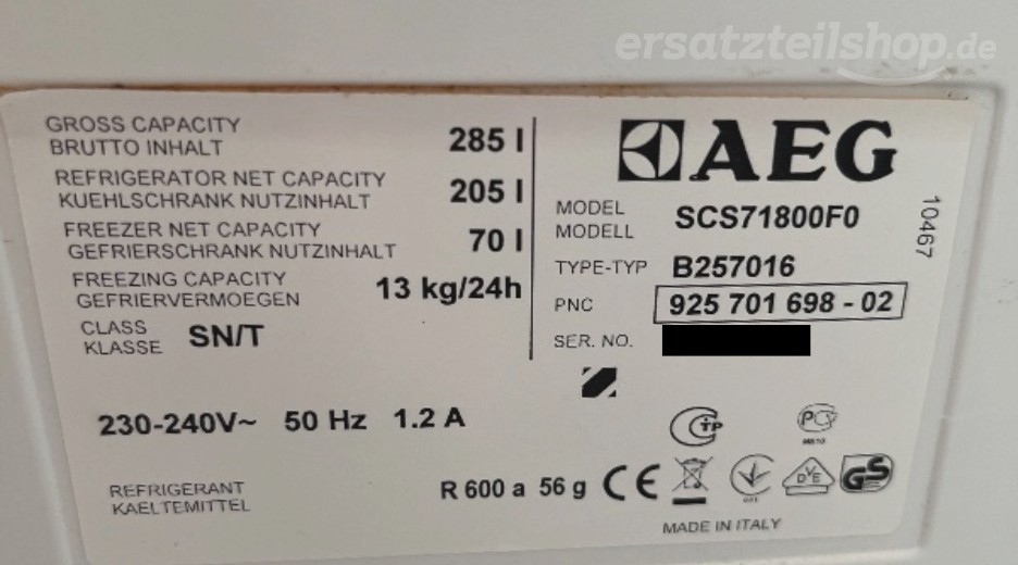 Typenschild AEG SCS71800F0 92570169802
