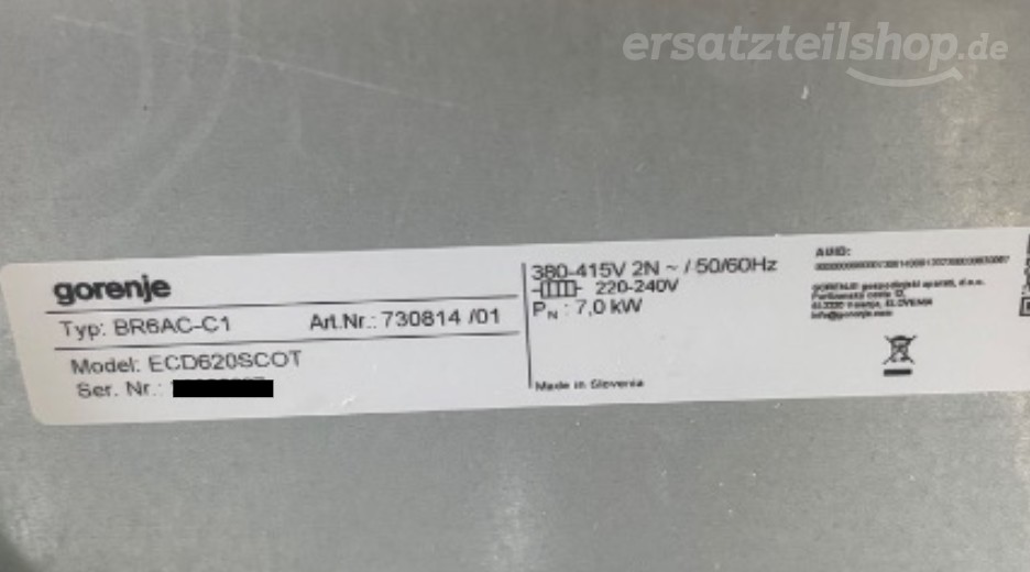Typenschild Gorenje ECD620SCOT 730814