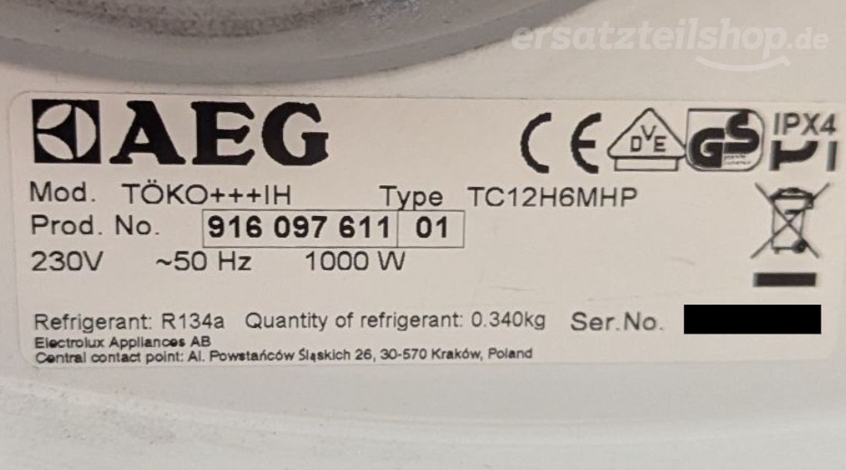 Typenschild AEG TÖKO+++IH 91609761101