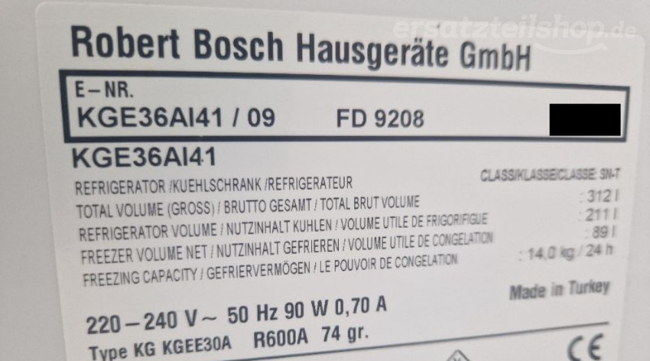 Typenschild Bosch KGE36AI41/09