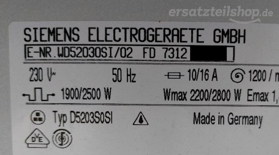 Typenschild Siemens Siwamat Plus 5203 WD52030SI/02