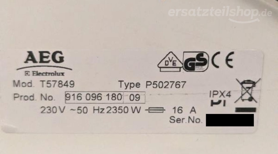 Typenschild AEG T57849 91609618000