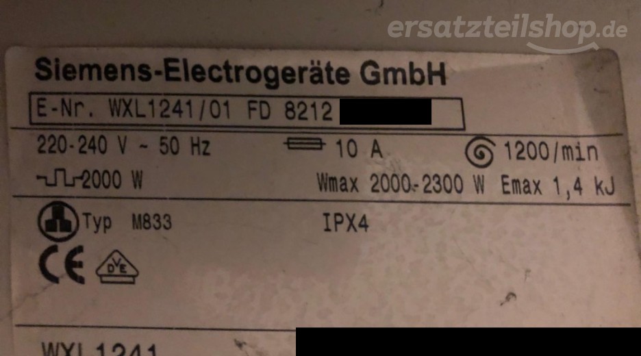 Typenschild Siemens Siwamat XL 1241 WXL1241/01