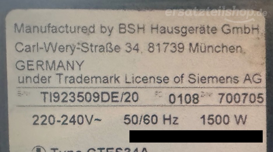 Typenschild Siemens TI923509DE/20
