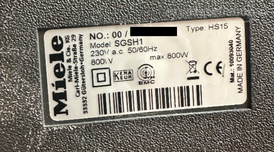 Typenschild Miele SGSH1 SGSH1