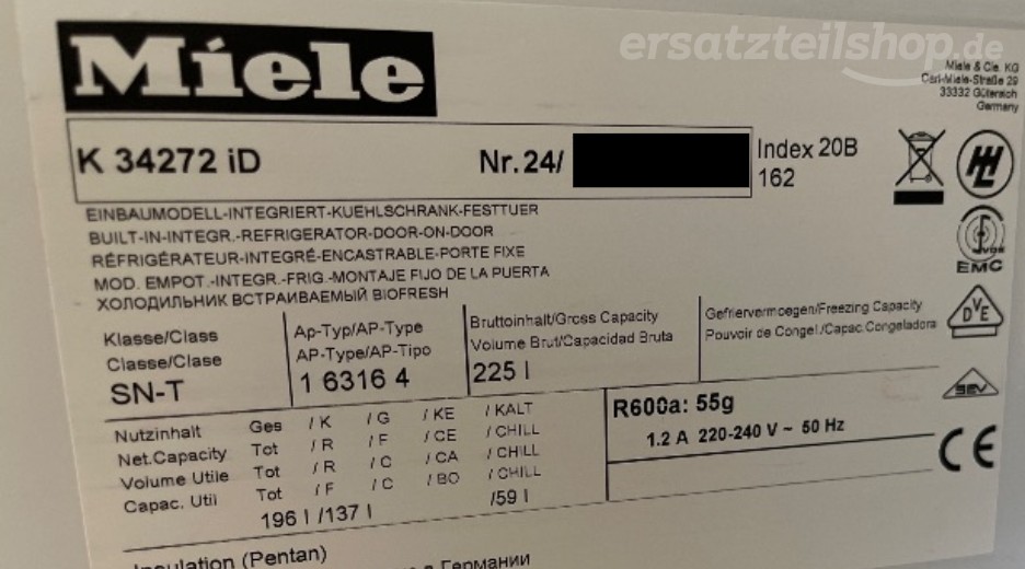 Typenschild Miele K 34272 iD K34272ID
