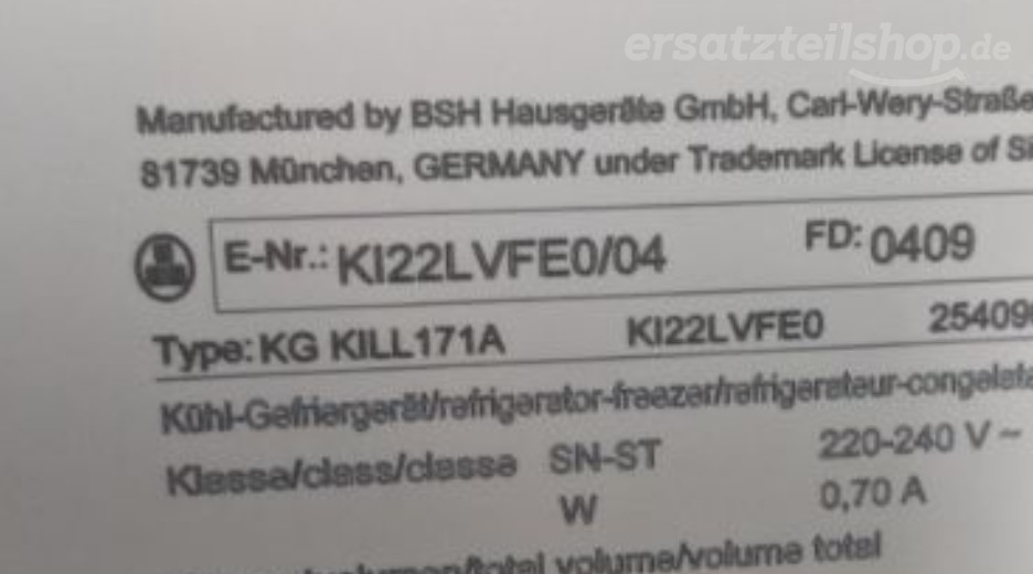 Typenschild Siemens KI22LVFE0/04