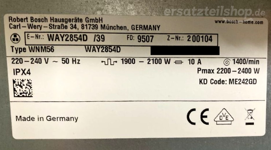 Typenschild Bosch WAY2854D/39