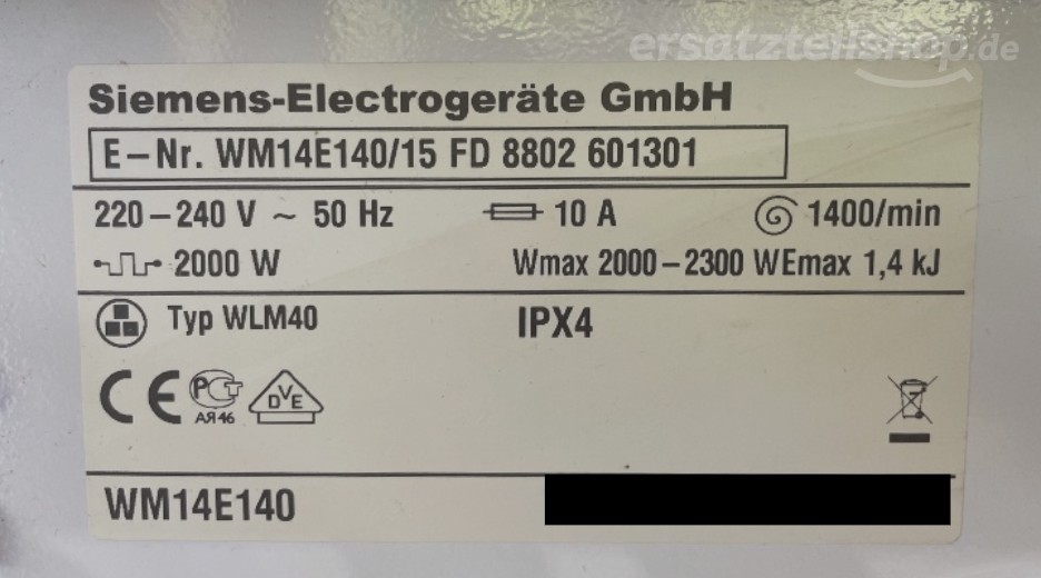 Typenschild Siemens E 14-14 WM14E140/15