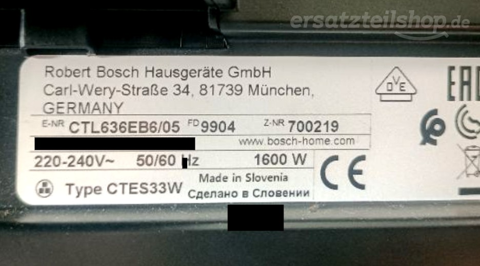Typenschild Bosch CTL636EB6/05