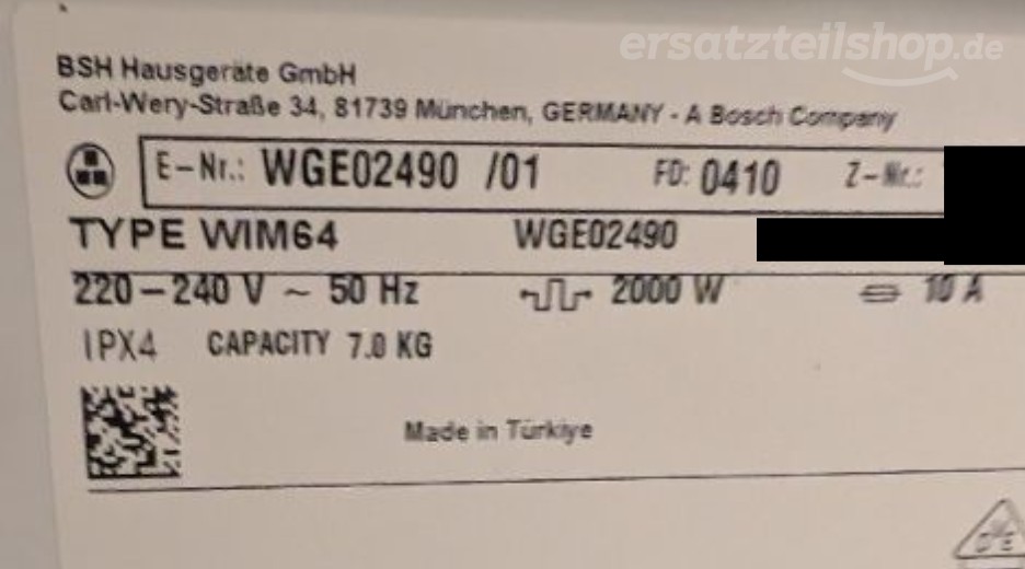 Typenschild Bosch WGE02490/01