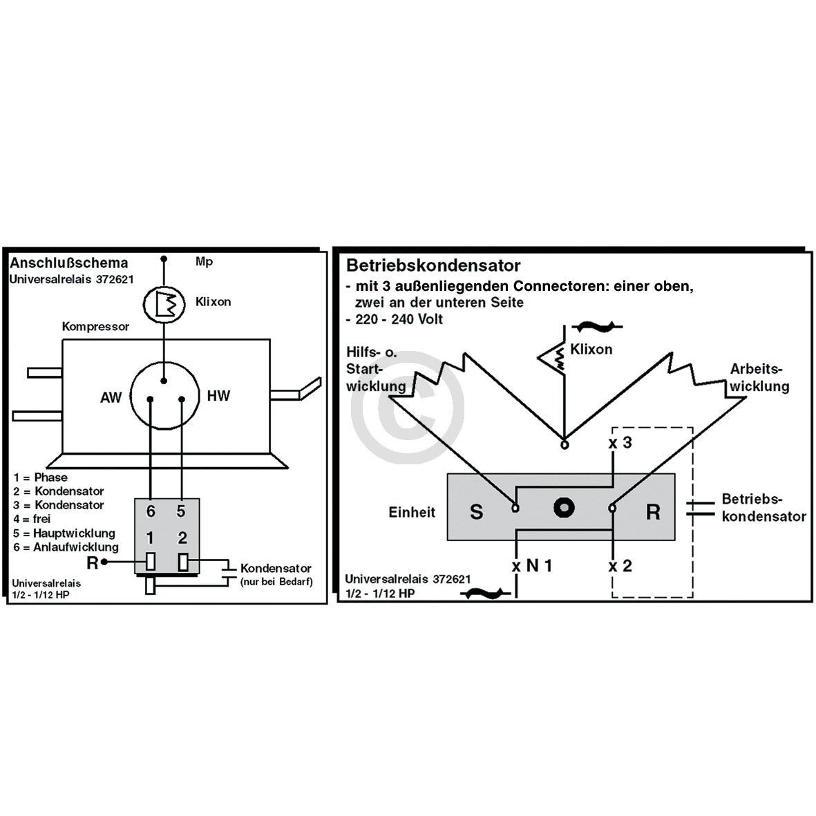 Anlaufrelais 1/12 - 1/2 PS universal zum Stecken für Netzanschluss Kompressor Kühlschrank Gefrierschrank