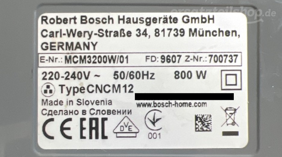 Typenschild Bosch MCM3200W/01