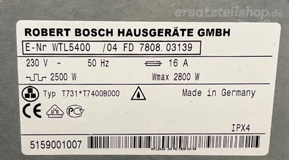 Typenschild Bosch WTL 5400 WTL5400/04