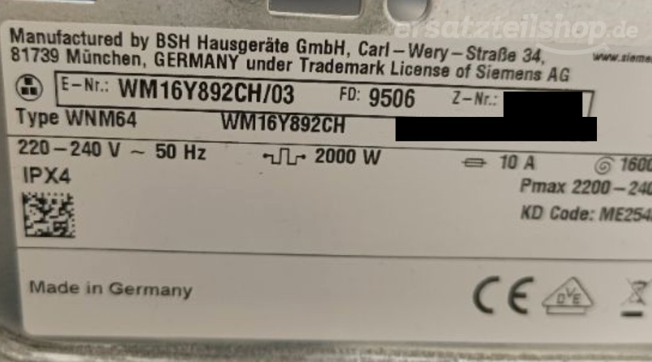 Typenschild Siemens WM16Y892CH/03