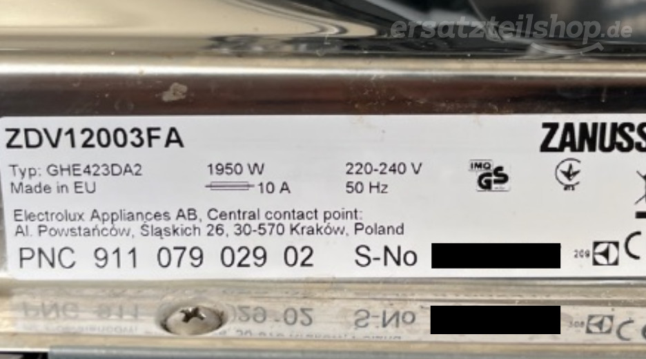 Typenschild Zanussi ZDV12003FA 91107902902