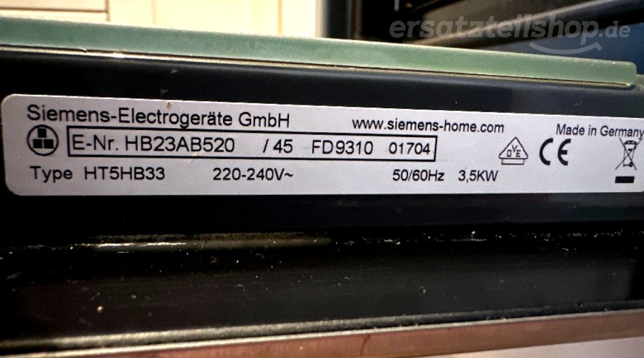 Typenschild Siemens HB23AB520/45