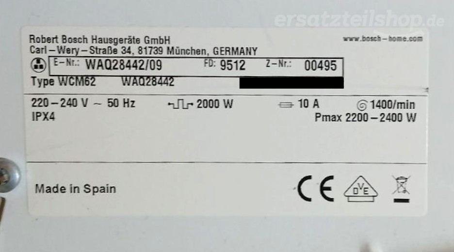 Typenschild Bosch WAQ28442/09