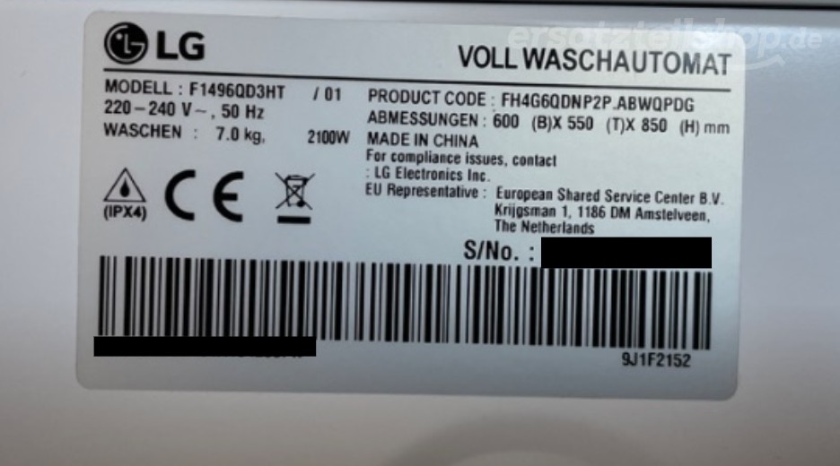 Typenschild LG F1496QD3HT