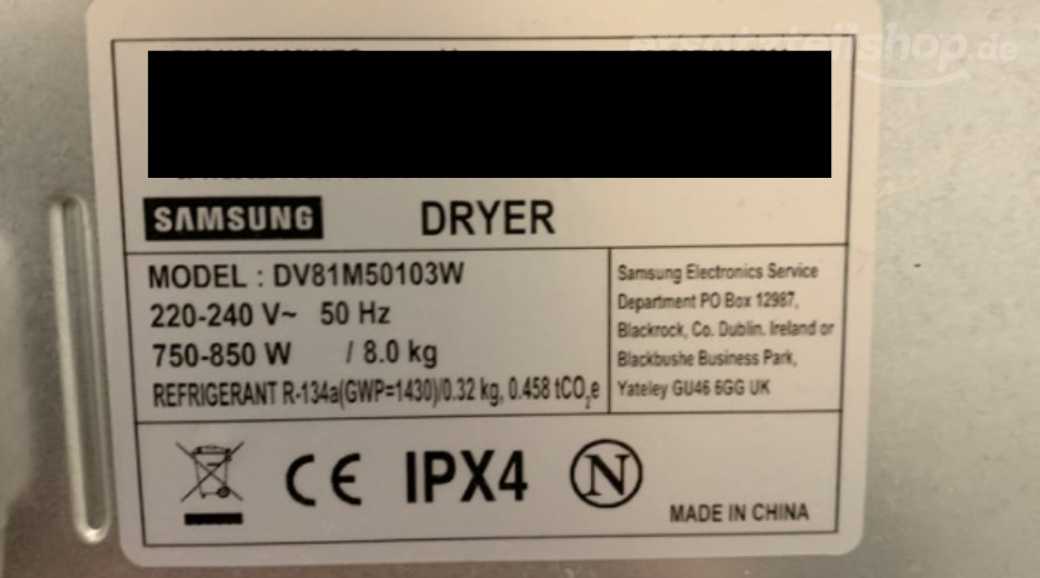 Typenschild Samsung DV81M50103W/EG