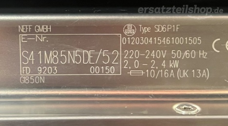 Typenschild Neff S41M85N5DE/52