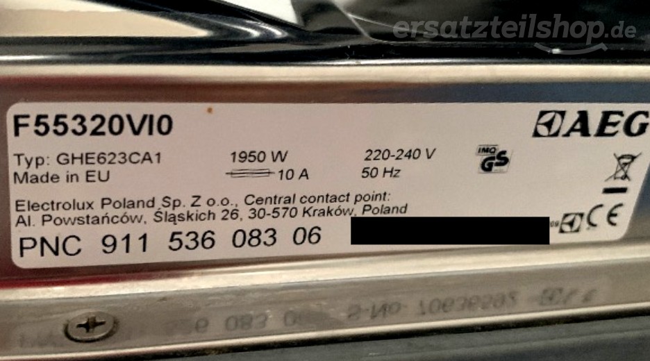 Typenschild AEG F55320VI0 91153608306